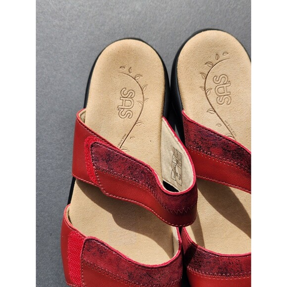 SAS Ruby / Cabernet Red Nudu Leather Sandals Slip On Slides Size 9.5W Adjustable - Picture 4 of 11